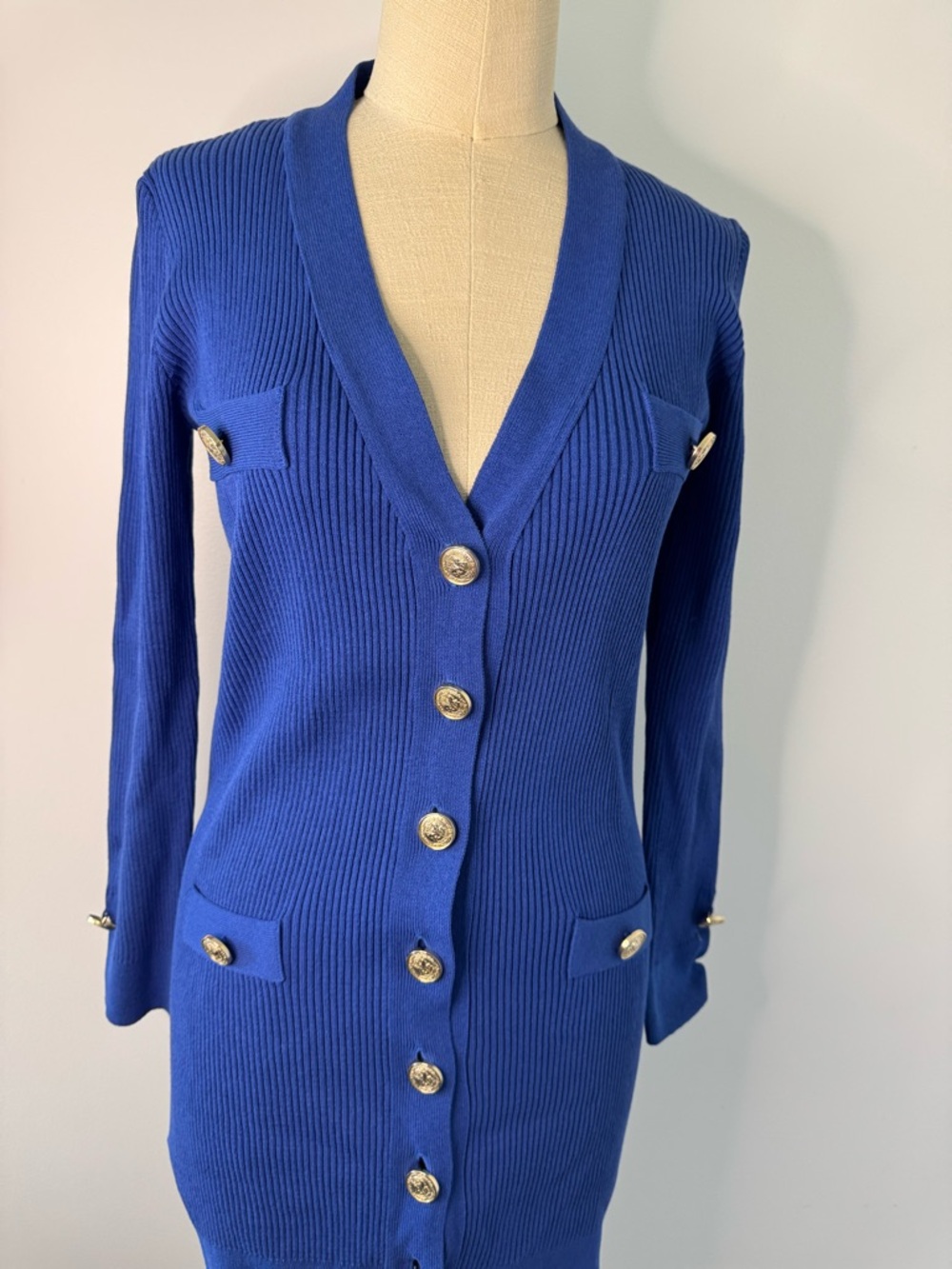 Pinko Royal Blue Ribbed Long Cardigan with Gold Buttons size M